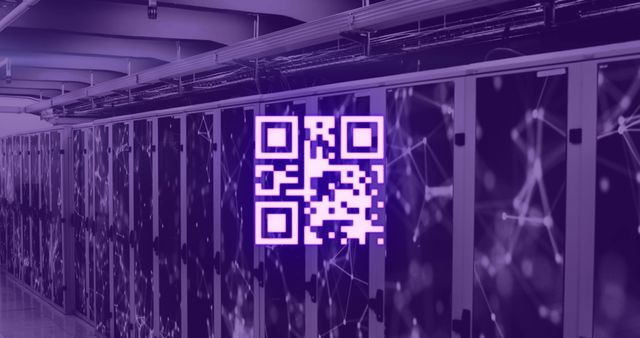 This visual features a digitally generated QR code prominently overlaid on an image of a violet-lit server room. The combination of the QR design and the sophisticated network technology environment represents themes of digital communication, innovation, and global connectivity. Ideal for use in technology-related articles, cybersecurity industry blogs, or marketing materials focusing on cutting-edge technological solutions.