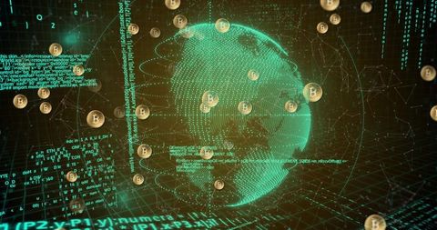 Holographic Dot-Matrix Globe Streaming Teal Code with Floating Gold Bitcoin Coins