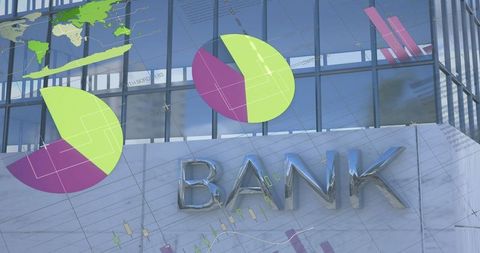 Finance analytics and graphs overlay on modern bank architecture