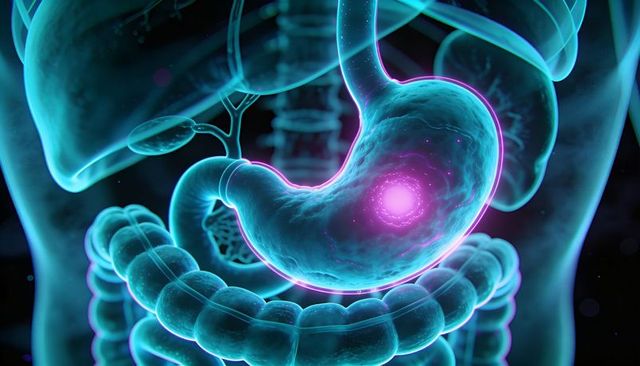 Luminescent 3D Stomach Highlighting Gastric Lesion with Translucent Esophagus and Colon