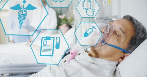 Elderly man receiving oxygen therapy with digital medical technology icons overlay