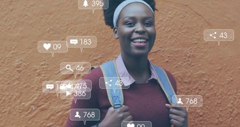 Smiling Woman in Street with Social Media Engagement Icons