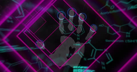 Digital Hand with Holographic Chemical Formula and Geometric Patterns