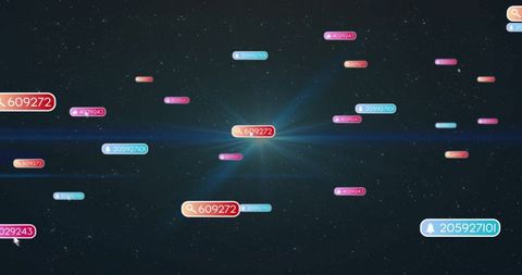 Holographic search badge floating in cosmic data field with numeric id and neon glow