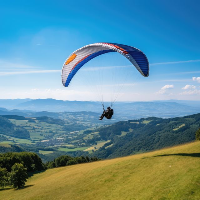 Paraglider drifting over countryside landscape with blue sky, created using generative ai technology. Paragliding, sports, flying and freedom concept digitally generated image.