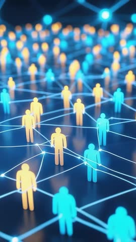 Vertical video tilting through glowing human icons connecting across digital network grid