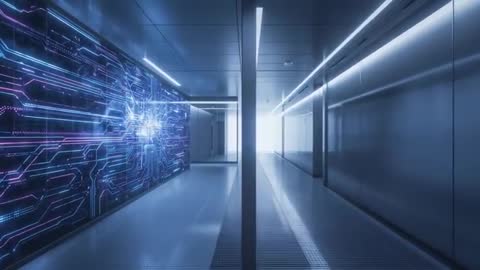 Pulsing Circuit Board Lighting Reflective Futuristic Corridor