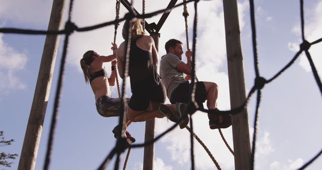 Group Completing Challenge Course with Determined Climbers - Download Free Stock Images Pikwizard.com