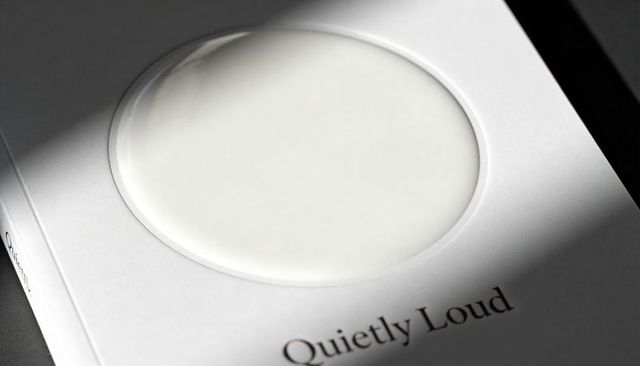 Minimalist white hardcover book featuring embossed circular recess and dramatic shadow