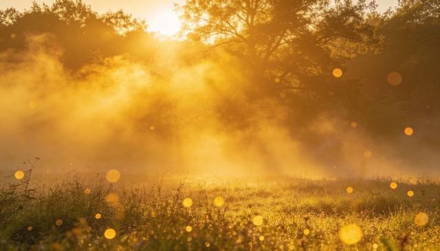 Golden mist over dew-kissed meadow at sunrise with backlit grasses and soft bokeh