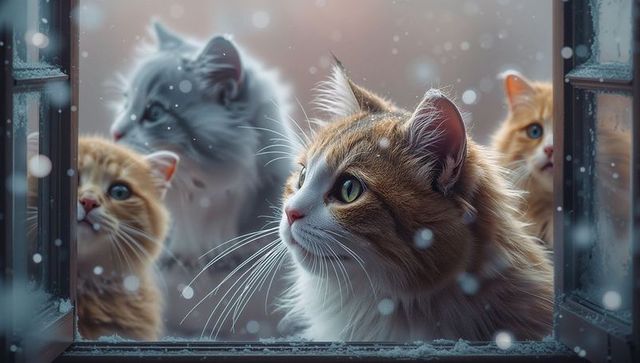 Feline curiosity: cats on winter windowsill watching snowfall