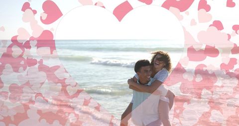 Romantic Beach Piggyback with Decorative Hearts Overlay