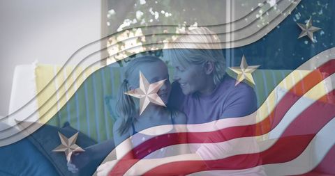 Mother and Daughter Celebrating with American Flag Overlay