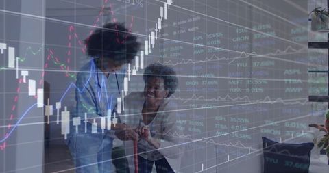 Healthcare professional assisting senior under financial data overlay