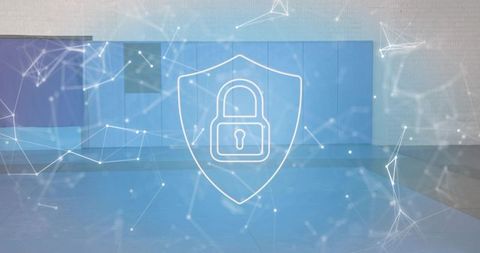 Holographic Shield Lock Projected Over Conference Stage with Digital Network Nodes