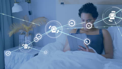 African American Woman Engaging with Futuristic Technology in Bed