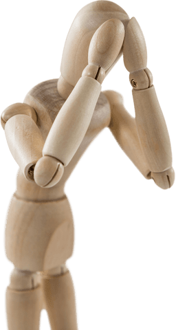 Transparent Wooden Mannequin Displaying Thoughtful Pose with Hands on Head