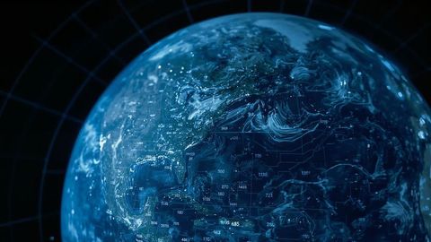 Futuristic earth hologram with dynamic data overlay and streamlines