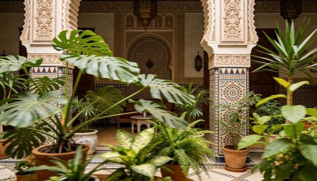 Moroccan riad courtyard with lush potted monstera, ferns and mosaic arches