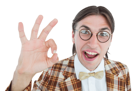 Transparent geeky hipster making ok hand sign with enthusiasm