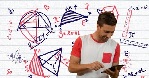 Young Man Using Tablet Surrounded by Creative Geometric Drawings