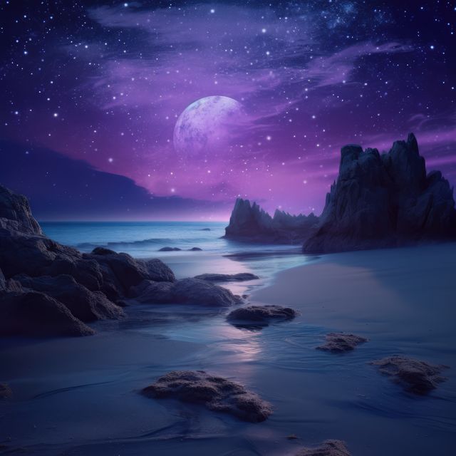 Starry night sky over rocky island in sea, created using generative ai technology. Fairy tale, dream, mythology and historical fantasy concept digitally generated image.