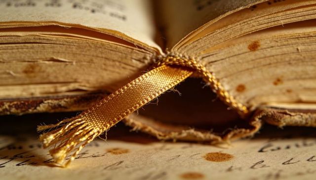 Antique book close-up with gold satin bookmark, aged pages and vintage foxing texture