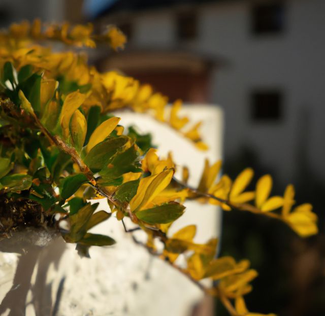 Close up of plant and leaves on sunny day over old city. Landscape and nature concept.