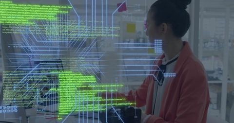 Businesswoman Interaction with Virtual Data in Modern Office Space