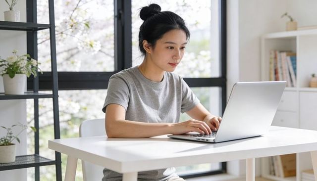 Young woman typing on laptop at bright home workspace with plants and bookshelf