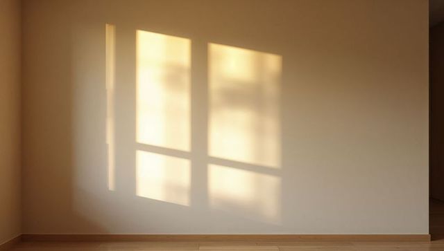 Warm window light casting mullion grid shadow on empty beige wall with wooden baseboard