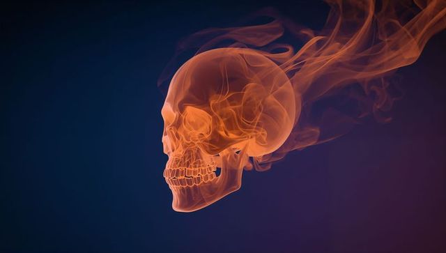 Floating Flaming Human Skull with Glowing Flames in Dark Background