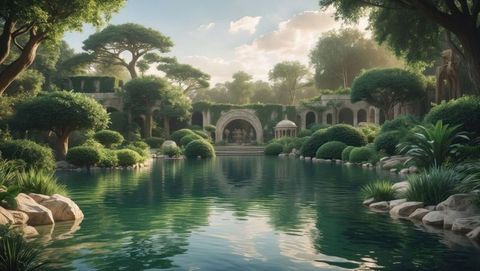 Serene pond amidst gothic architecture and lush foliage, garden of eden concept