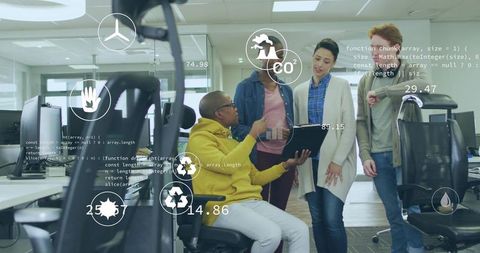 Diverse team collaborating with ar interface in modern office space