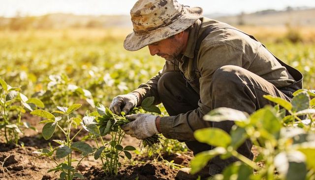Sunlit Farmer Tending Young Crop Seedlings in Field Wearing Gloves and Camouflage Hat