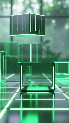 Rising Neon Cubes Floating Over Glowing Grid Vertical Loop for Futuristic Tech Visuals