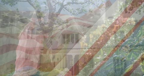 Mother and Daughter Hugging on Lawn with American Flag Overlay