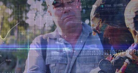 Falconer and hawk in nature with technology overlay