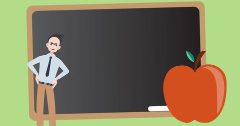 Teacher Stands Next to Blackboard and Apple Symbol for Education