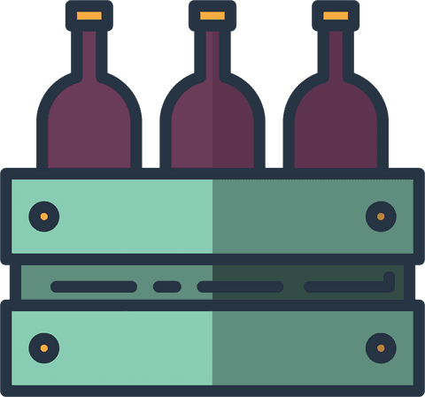 Wine bottles in wooden crate on transparent background