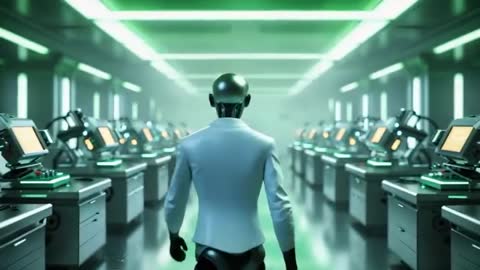 Futuristic AI Robot Inspecting High-Tech Industrial Workstations