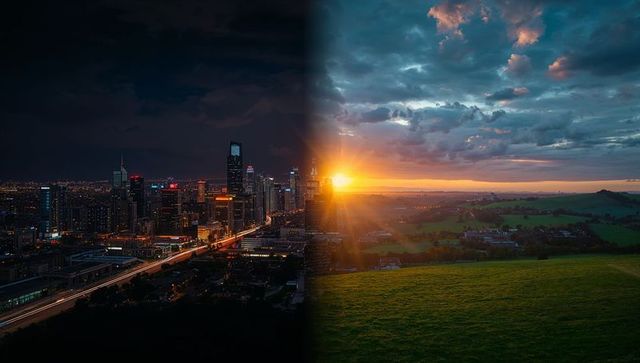 City night and rural sunset merging on split panorama with sunflare and light trails