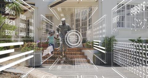 Soldier Guiding Young Girl Down Brick Steps with Futuristic HUD Overlay