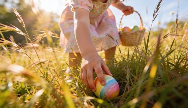 Girl reaching for rainbow easter egg in sunlit meadow with wicker basket and pastel dress