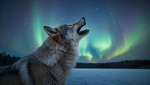Gray Wolf Howling Under Aurora Borealis in Snowy Wilderness