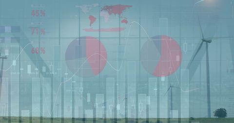 Digital Financial Data Overlay on Wind Turbines and Agriculture Field - Download Free Stock Images Pikwizard.com