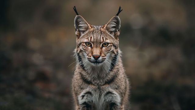 Intense lynx closeup portrait at forest edge showing ear tufts, golden eyes, autumn leaf litter