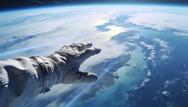 Gloved astronaut hand reaching over earth orbit showing wrist connector and coastline