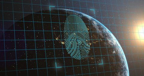 Biometric Fingerprint Overlay on Earth with Digital Grid Design - Download Free Stock Images Pikwizard.com