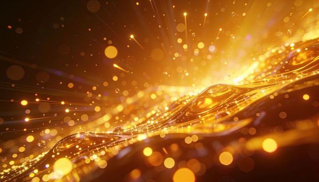 Molten gold liquid wave flowing with glowing droplets and cinematic bokeh light abstract
